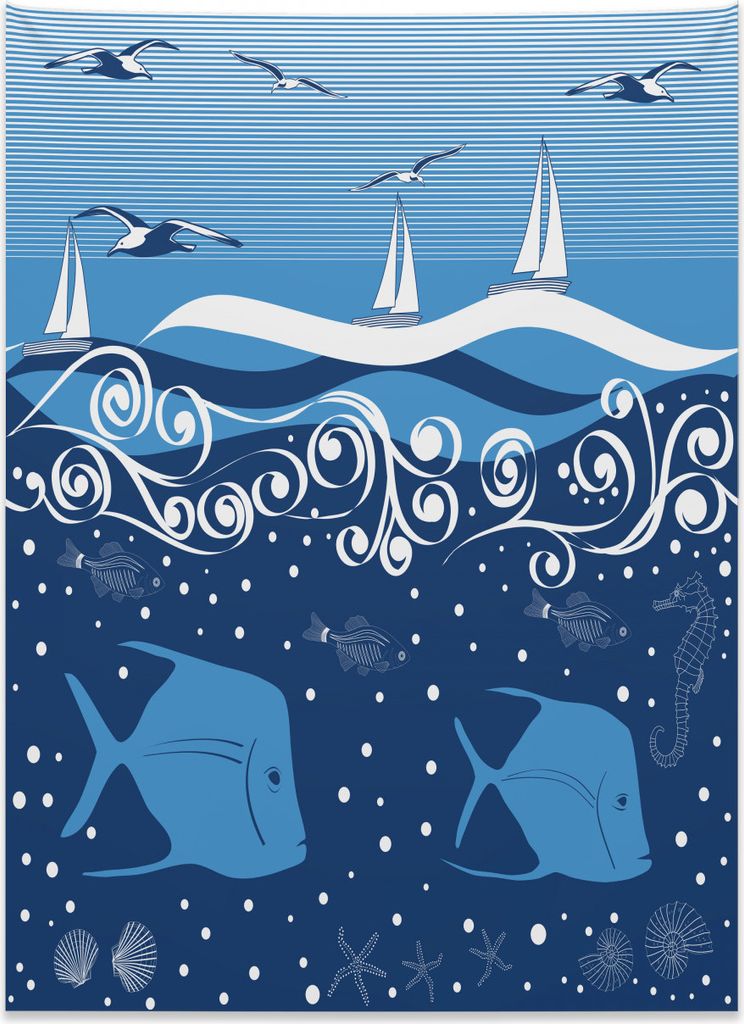 Abakuhaus Nautisch Wandteppich, Unterwasser-Leben-Segel aus Weiches Mikrofaser Stoff Kein Verblassen Klare Farben Waschbar, 110 x 150 cm, Weiß Blau