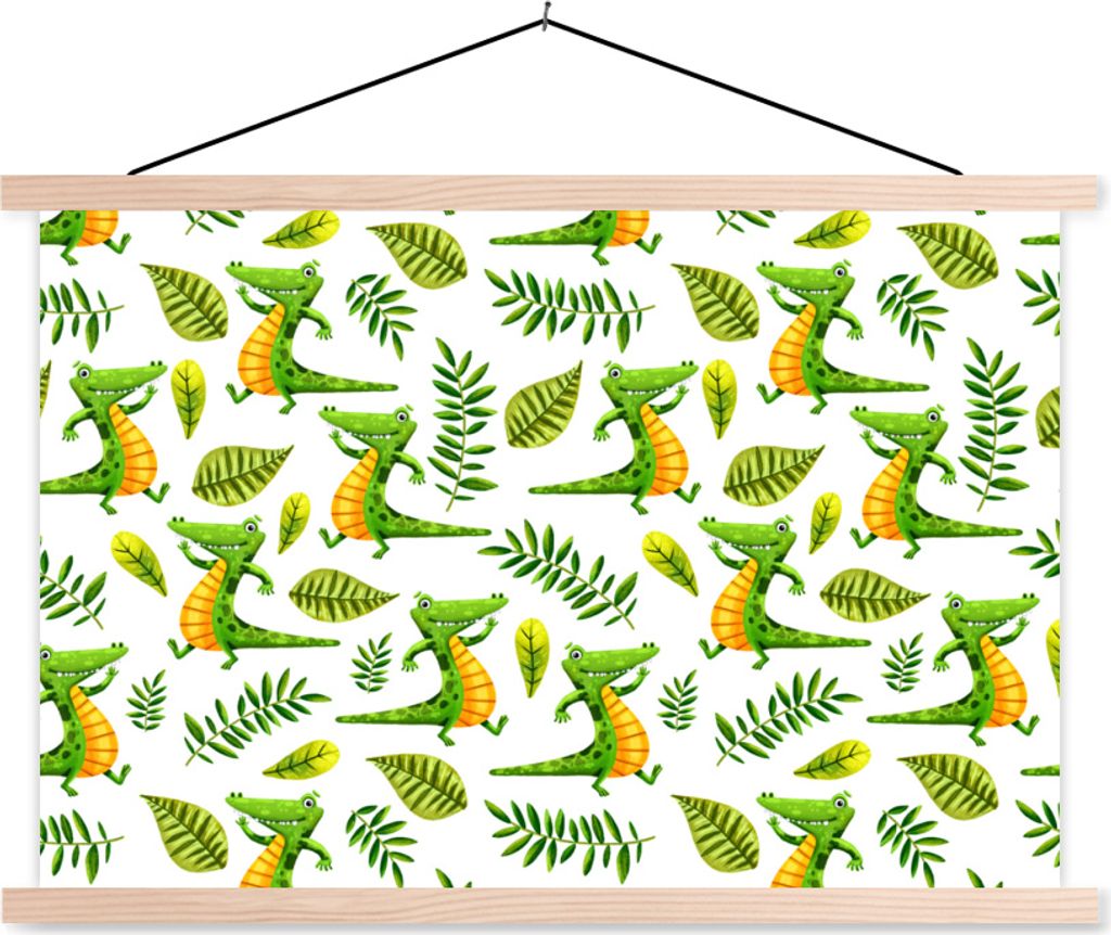 MuchoWow Textilposter Krokodil - Dschungel - Design - Kind 120x80 cm mit holzfarbenen Rahmen - Aufhängeset