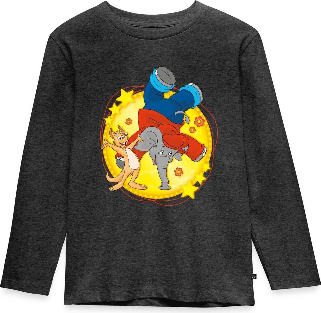 Spreadshirt Benjamin Blümchen Steht Auf Seinem Rüssel Kinder Premium Langarmshirt, 110/116 (4 Jahre), Anthrazit meliert