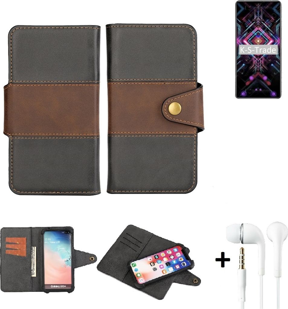 K-S-Trade Handyhülle Schutzhülle Bookstyle Wallet-Case kompatibel mit Xiaomi Redmi K40 Gaming Edition + earphones Bumper rundumschutz schwarz-braun