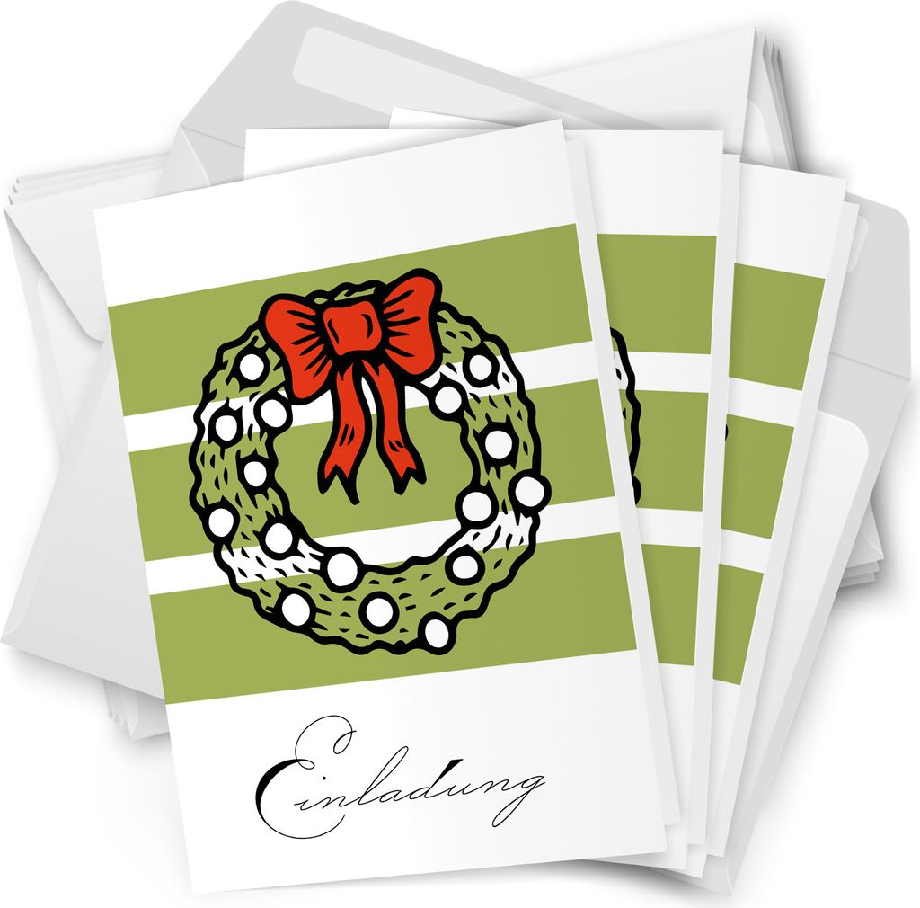 10 x Einladungskarten Klappkarten Weihnachten mit Umschlag zur Weihnachtsfeier Motiv Kranz Streifen rote Schleife