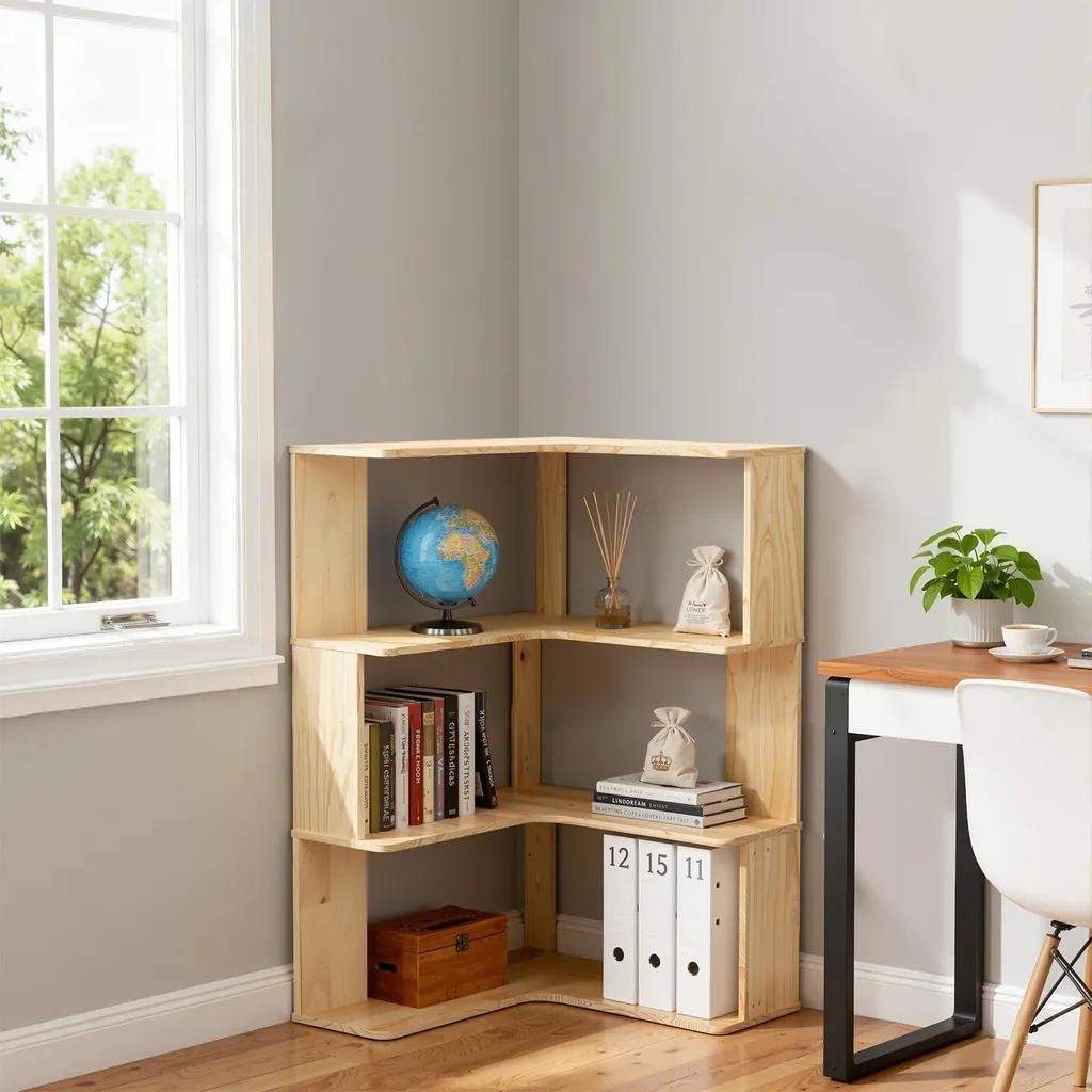 Étagère de bureau d'angle en bois - Rangement en L pour salon et studio