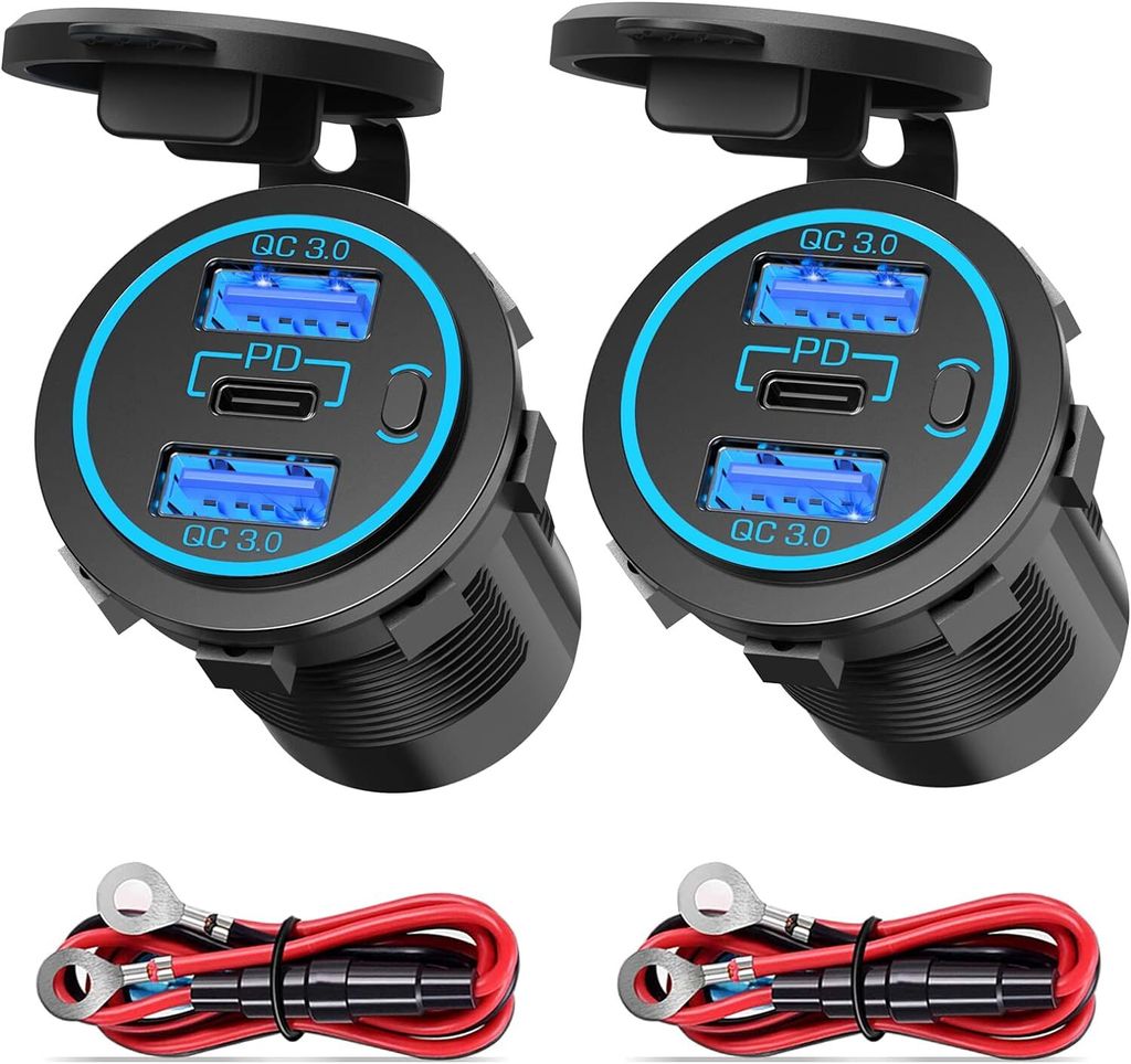 2-Stücke 12V USB C Steckdose Einbau PD3.0 30W Typ C USB Buchse Wasserdicht 12 Volt KFZ Dose Zigarettenanzünder Adapter mit 3 Anschlüsse Schalter