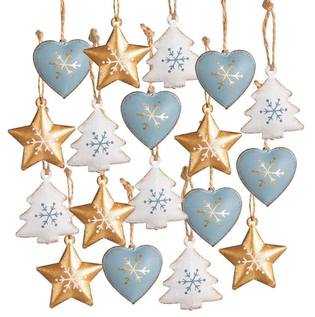 18 kleine Metall Weihnachtsanhänger blau Gold weiß 4 cm
