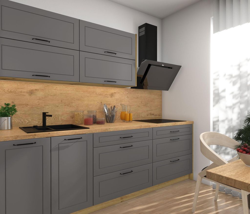 Modulare Küchenzeile KVANTUM Küchenblock 250cm Farbe & Ausführung wählbar HETTICH InnoTech Atira Vollauszug dust grey matt Eiche Artisan