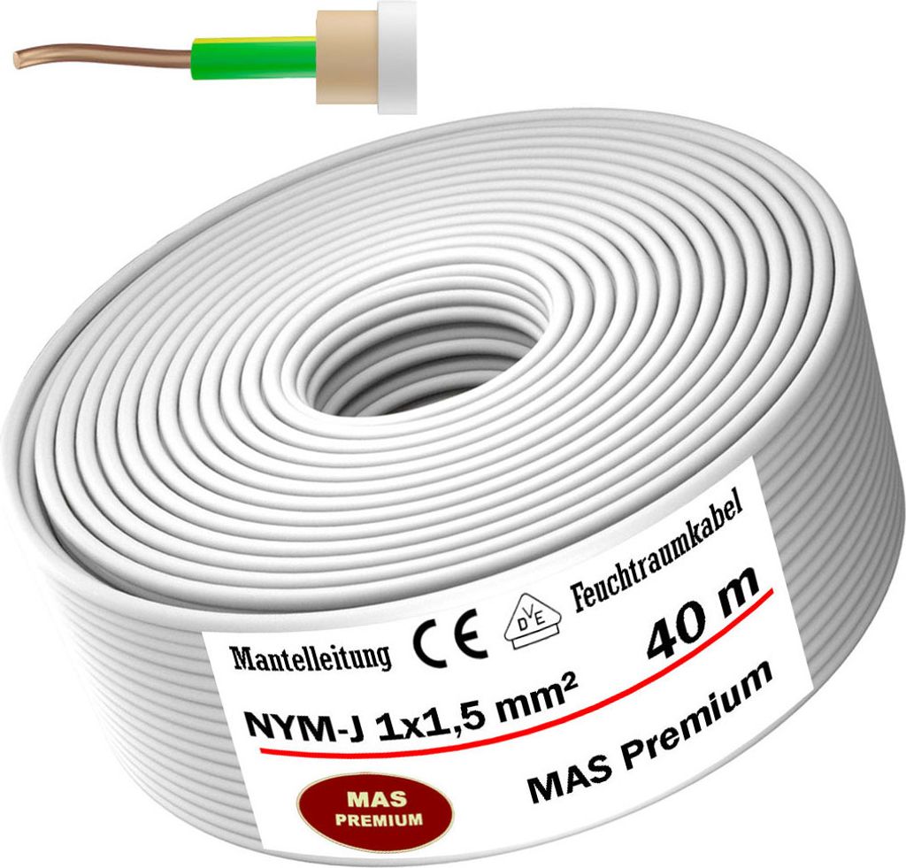 40m Feuchtraumkabel Stromkabel Mantelleitung NYM-J 1x1,5 mm² Elektrokabel