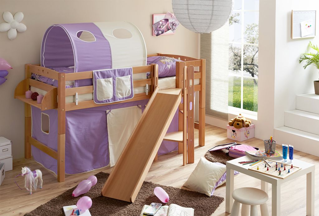 Podestbett mit Rutsche "Tino" Buche Natur Classic (Lila-Beige)