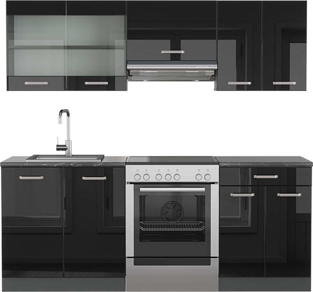 Küchenzeile Vicco R-Line Schwarz Hochglanz/Anthrazit 200 cm ohne Arbeitsplatte, Model 40965