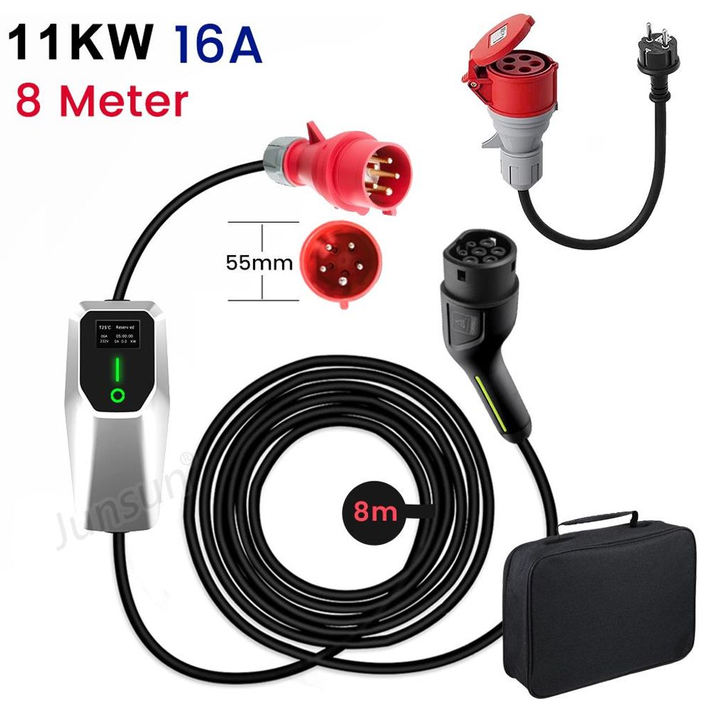 JUNSUN Typ 2 Ladekabel CEE16A-Stecker Mit Schuko Adapter 11kW[3-phasig, 8m, 6-16A], EV Ladegerät Mit Steuerbarer Digitalanzeige für Elektroauto
