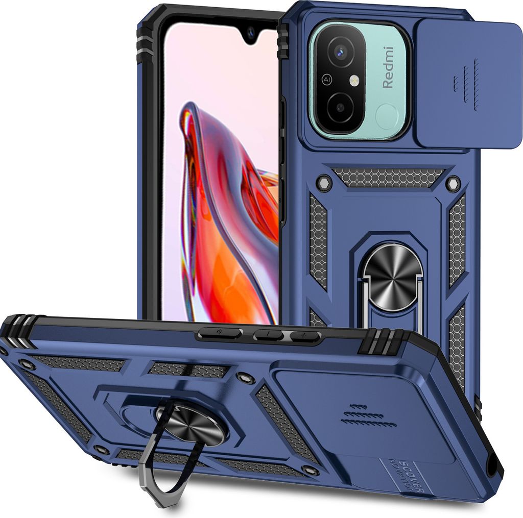 A blue phone case with a sliding camera cover and a ring holder is displayed from multiple angles against a white background.