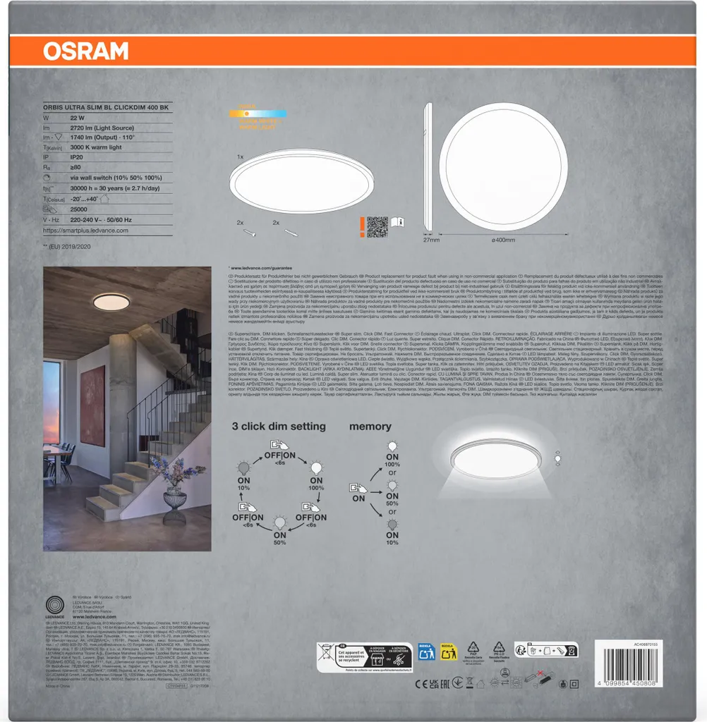 Plafonnier LED Circulaire 22W 1740lm Intensité Variable par Interrupteur
