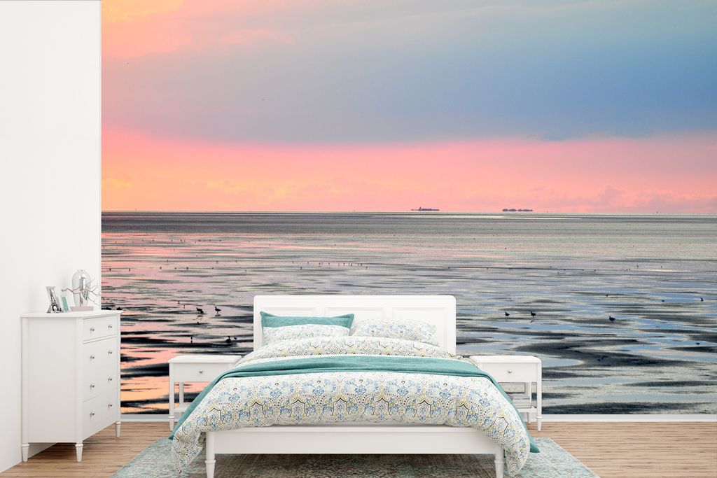 MuchoWow Fototapete für Wohnzimmer oder Schlafzimmer Wandtapete Vinyl Motivtapete Meer - Vogel - Sonne - 420x280 cm - Zimmer für Kinder