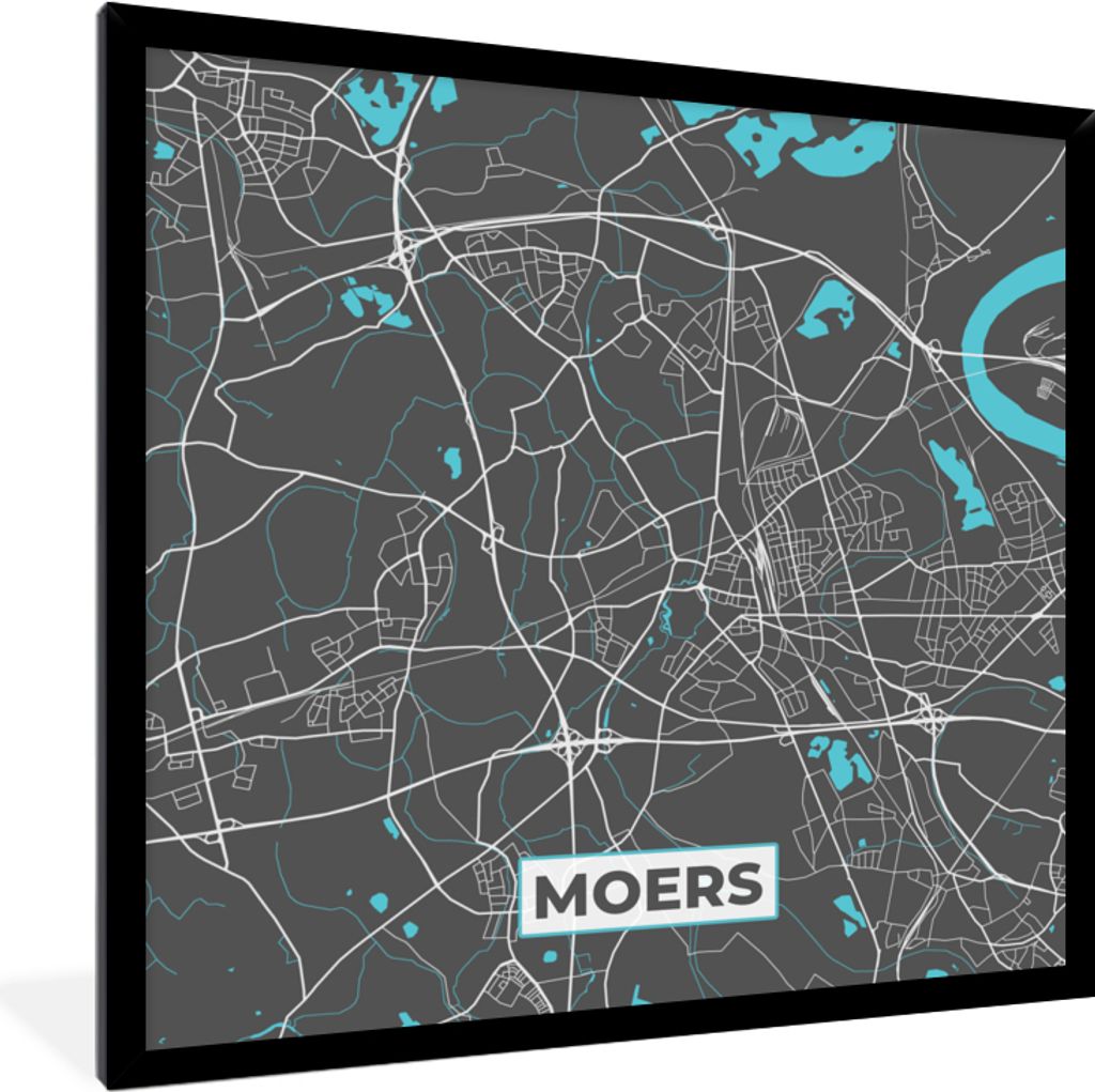 MuchoWow Gerahmtes Poster Karte - Moers - Blau - Stadtplan - Deutschland 40x40 cm - Poster mit Schwarzem Bilderrahmen Wandposter Rahmen Foto Bild...