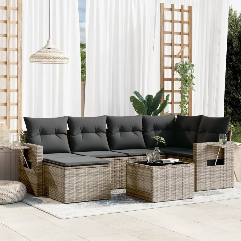 Design 7-tlg. Garten-Sofagarnitur mit Kissen Grau Poly Rattan, Gartenmöbel-Sets 2024 Neu