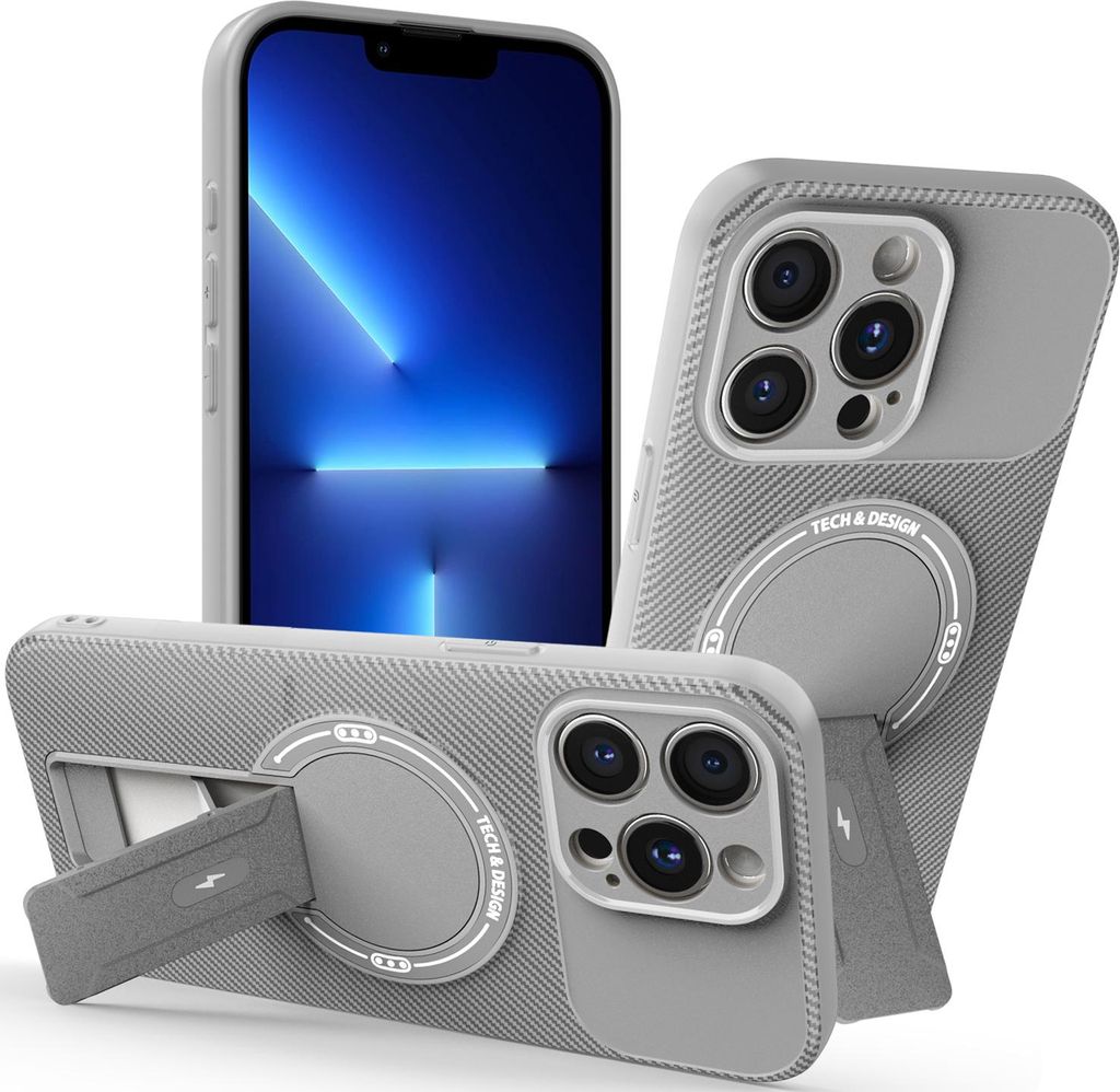 Hülle für iPhone 13 Pro Magnetisch Carbonfaser Design TPU Hybrid Handyhülle mit Ständer Grau