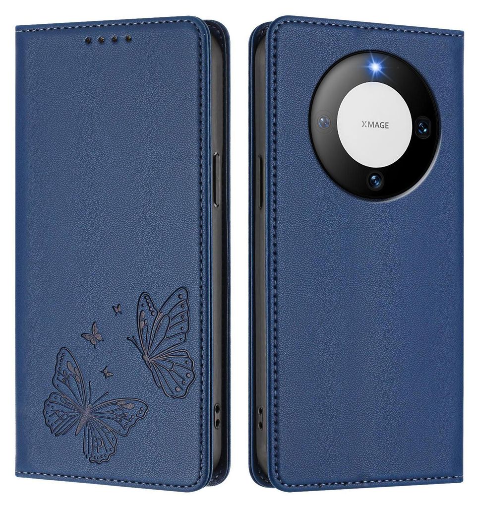 Lederhülle für Huawei Mate 60 Pro/Mate 60 Pro+, Schmetterling Prägung Leder Brieftasche Schutzhülle mit Ständer Dunkelblau