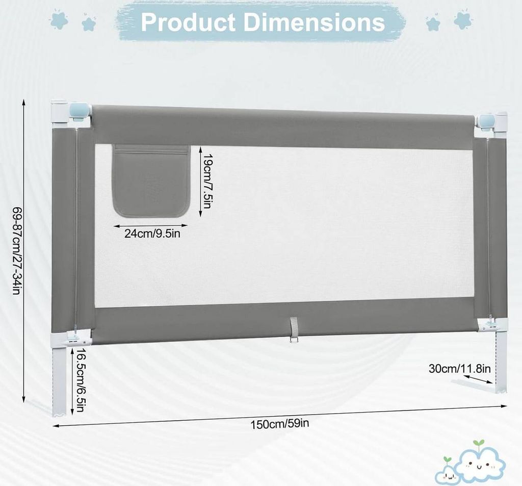 Bettgitter 200x68cm - Absturzsicherung Für Kinderbetten, Verstellbar & Faltbar