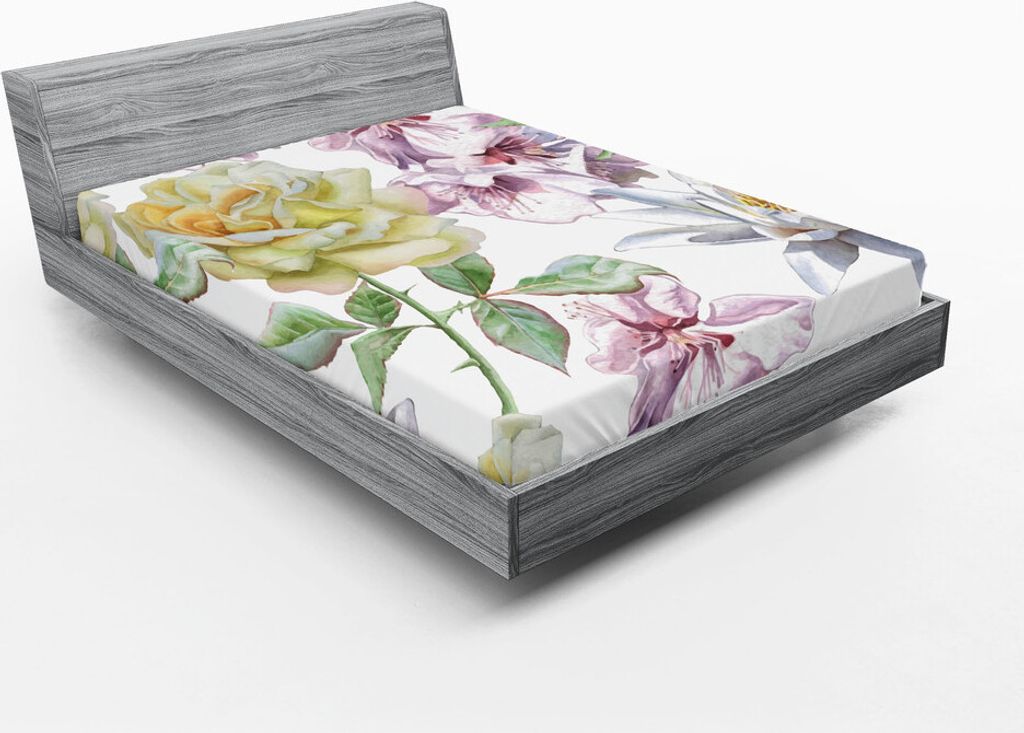ABAKUHAUS Blumen Spannbetttuch, Rosen-Blumenblatt-Kirschblüte-Lilien-Blumen blüht Romance Florets Design, 90 x 200 cm, Farngrün Hellrosa