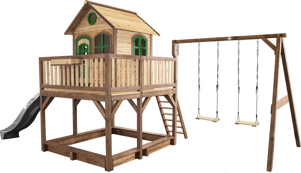 AXI Spielhaus Liam mit Sandkasten, Doppelschaukel & grauer Rutsche | Stelzenhaus XXL in Braun & Grün aus Holz für Kinder | Spielturm mit Wellenr...