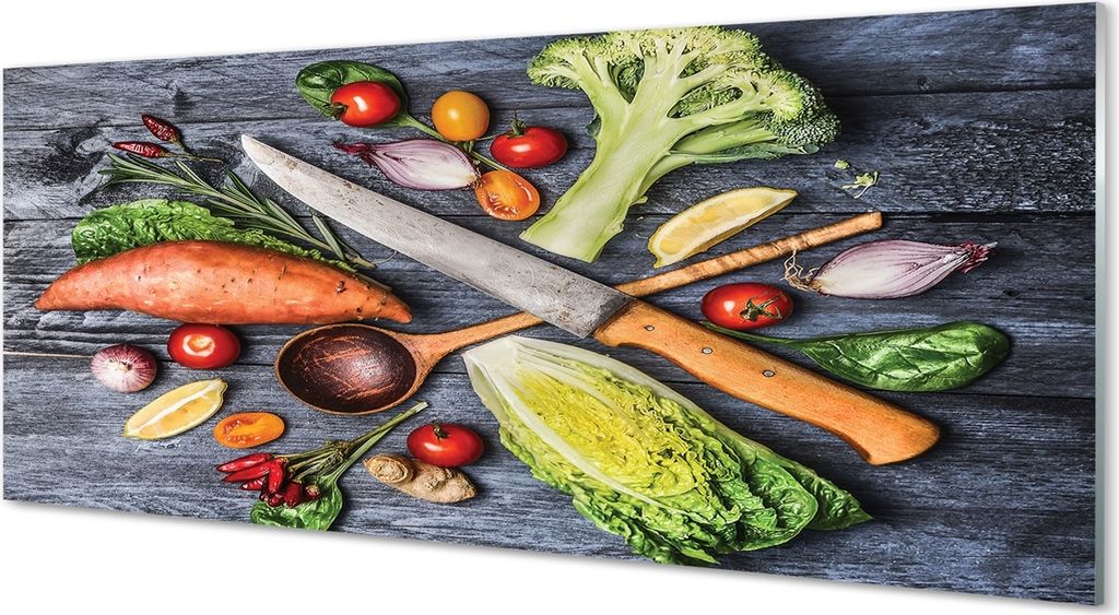 Glasbilder 125x50 Wandkunst Messer Yams Spinat Tomaten