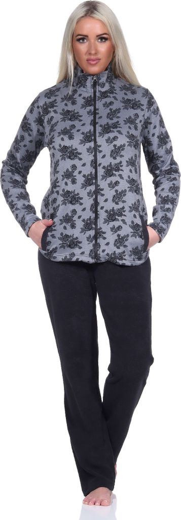 Damen Frottee Hausanzug / Freizeitanzug, Zweiteiler in floraler Optik;anthrazit,60-62