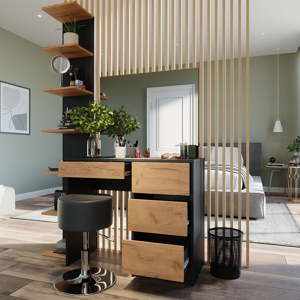 Schminktisch Vicco Sherry Anthrazit/Goldkraft Eiche 90 x 75 cm mit Spiegel & Hocker, Model 52034