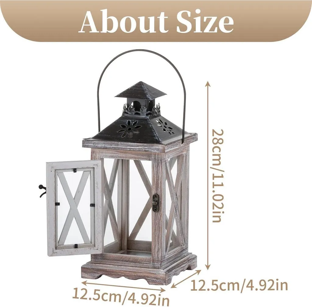 Sziqiqi Lanterna Vintage Decorazione in legno e metallo 28cm Beige antico - 5