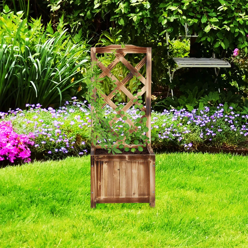 Bac à Fleurs avec Treillis Design Bois Brûlé - Support Plante Mural - 2