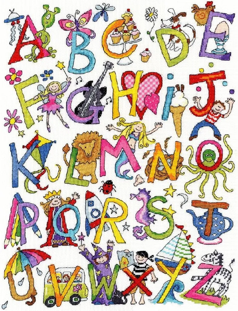 Kit Point de Croix Alphabet Fun 35x45cm : Toile Aida et Fils Inclus