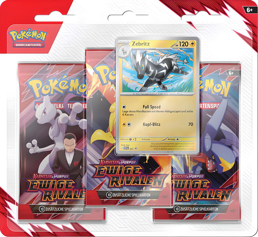 A product packaging for Pokemon trading cards, featuring booster packs and a single card.