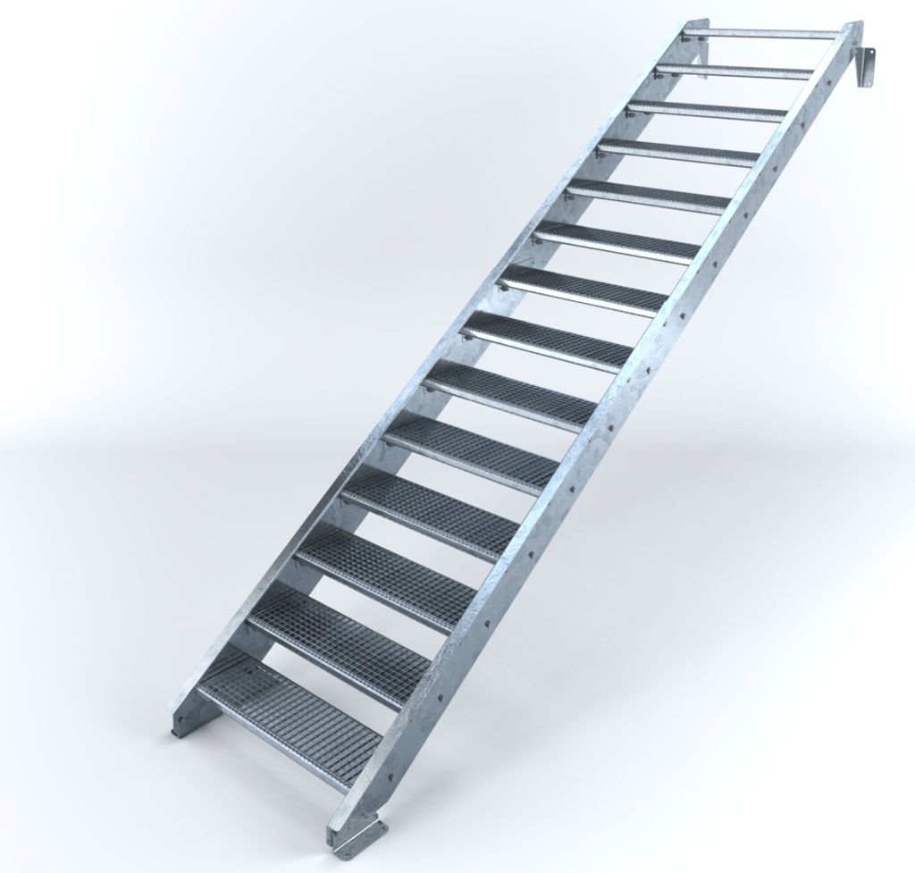 Stahltreppe 14 Stufen bis Höhe 280 cm, Laufbreite : 90 cm kein Geländer ST 3 (31 / 9 mm schmal)