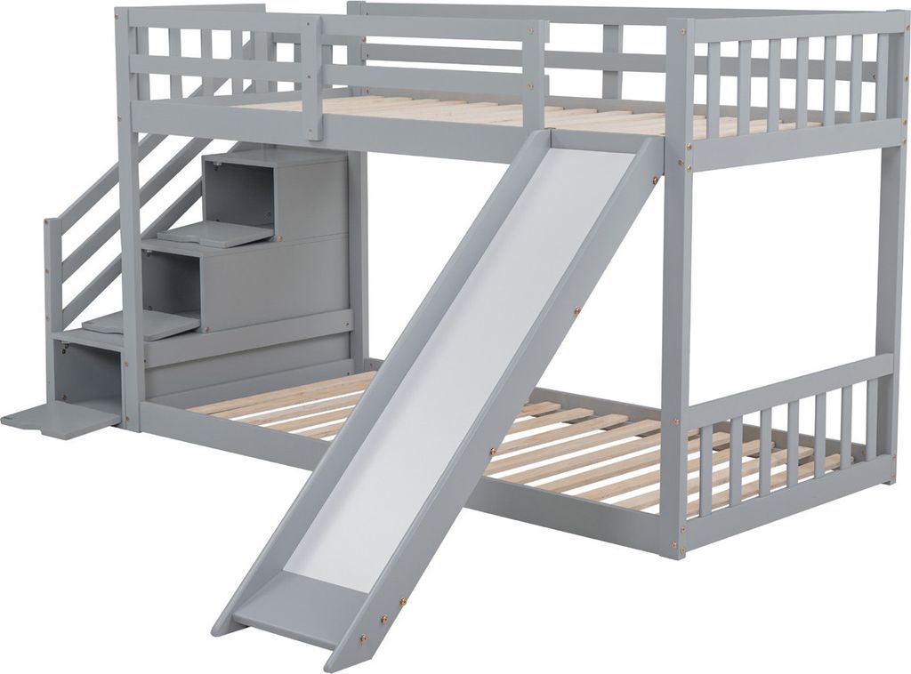 Etagenbett mit Treppe und Rutsche, Rahmen aus massivem Kiefernholz, Kinderbett mit 3 Schubladen in der Treppe