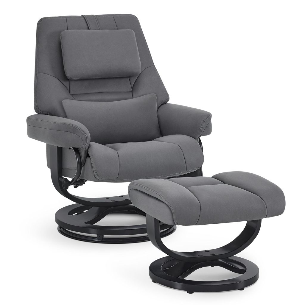 M MCombo Relaxsessel mit Liegefunktion, Lesesessel, 360° Drehbarer Fernsehsessel mit Hocker, mit Kopfkissen, Lendenkissen & Seitentasche, 9046 (Grau)