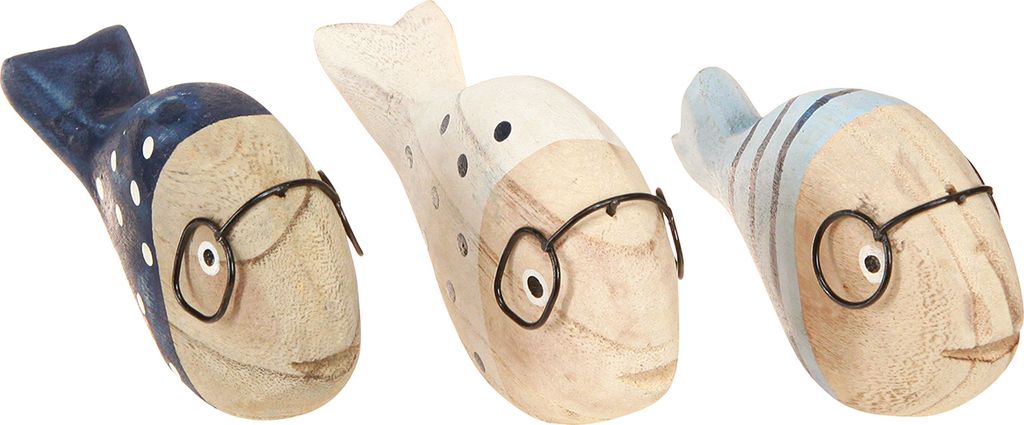 Deko Fisch Holz Maritim Brille Weiß Blau 11–13cm 4 Stk., 4 Stück