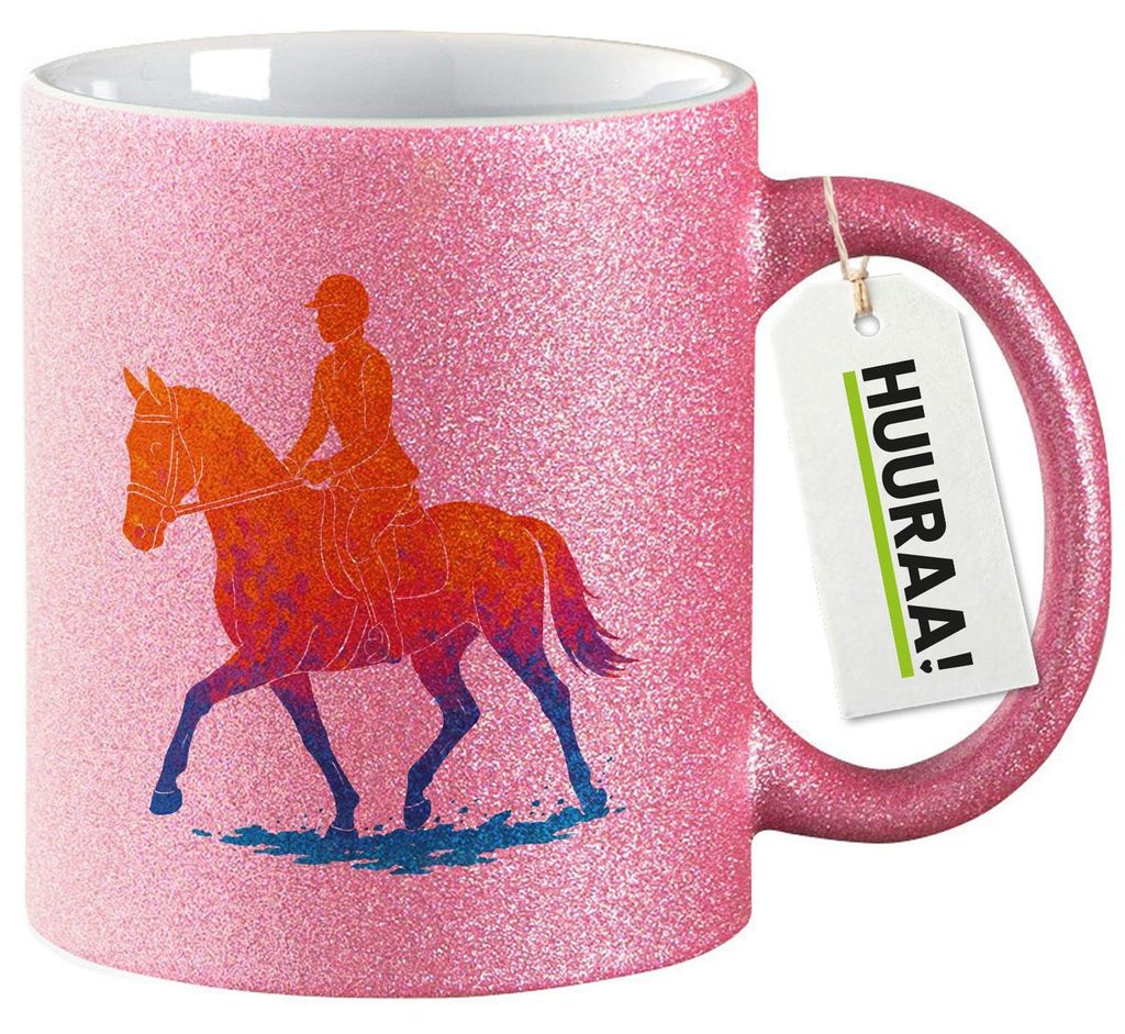 Huuraa Glitzertasse Reiten bunte Silhouette 330ml Pink Keramik Kaffeebecher Geschenkidee