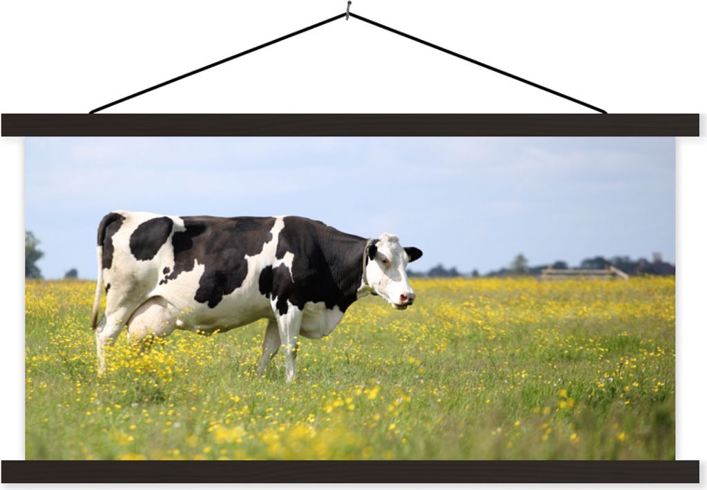 MuchoWow Textilposter Kuh - Gras - Blumen 60x30 cm mit schwarzem Rahmen - Textilien