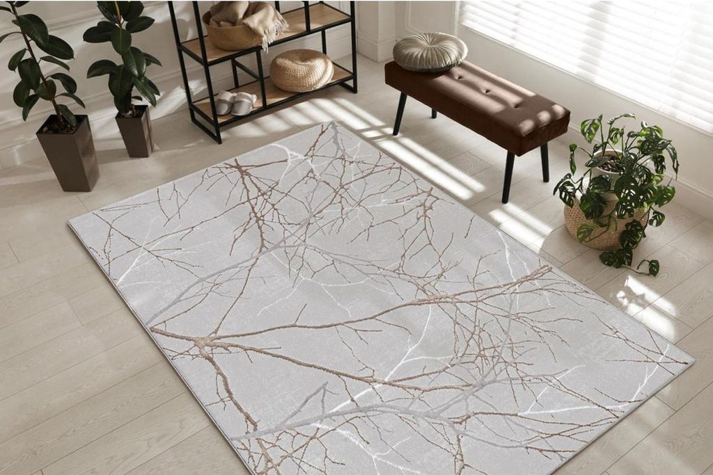 Teppich Kurzflor Äste Modern Wohnzimmer Beige Grau, 160x230