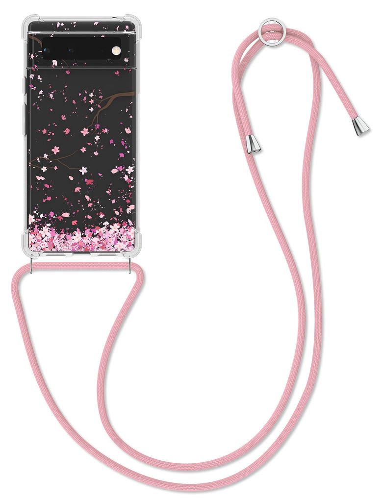 kwmobile Necklace Case kompatibel mit Google Pixel 6 Hülle - Silikon Cover mit Handykette - Rosa Dunkelbraun Transparent Kirschblütenblätter