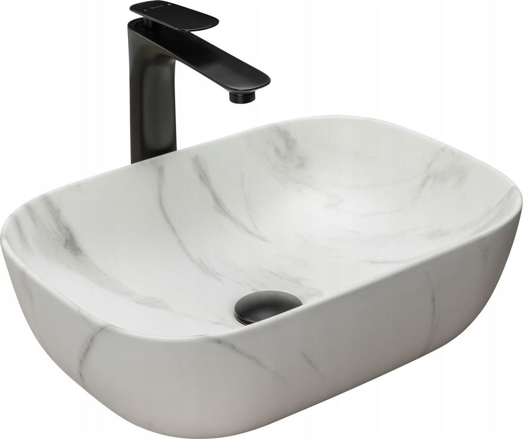 A white oval countertop sink with a marble pattern and a black faucet.