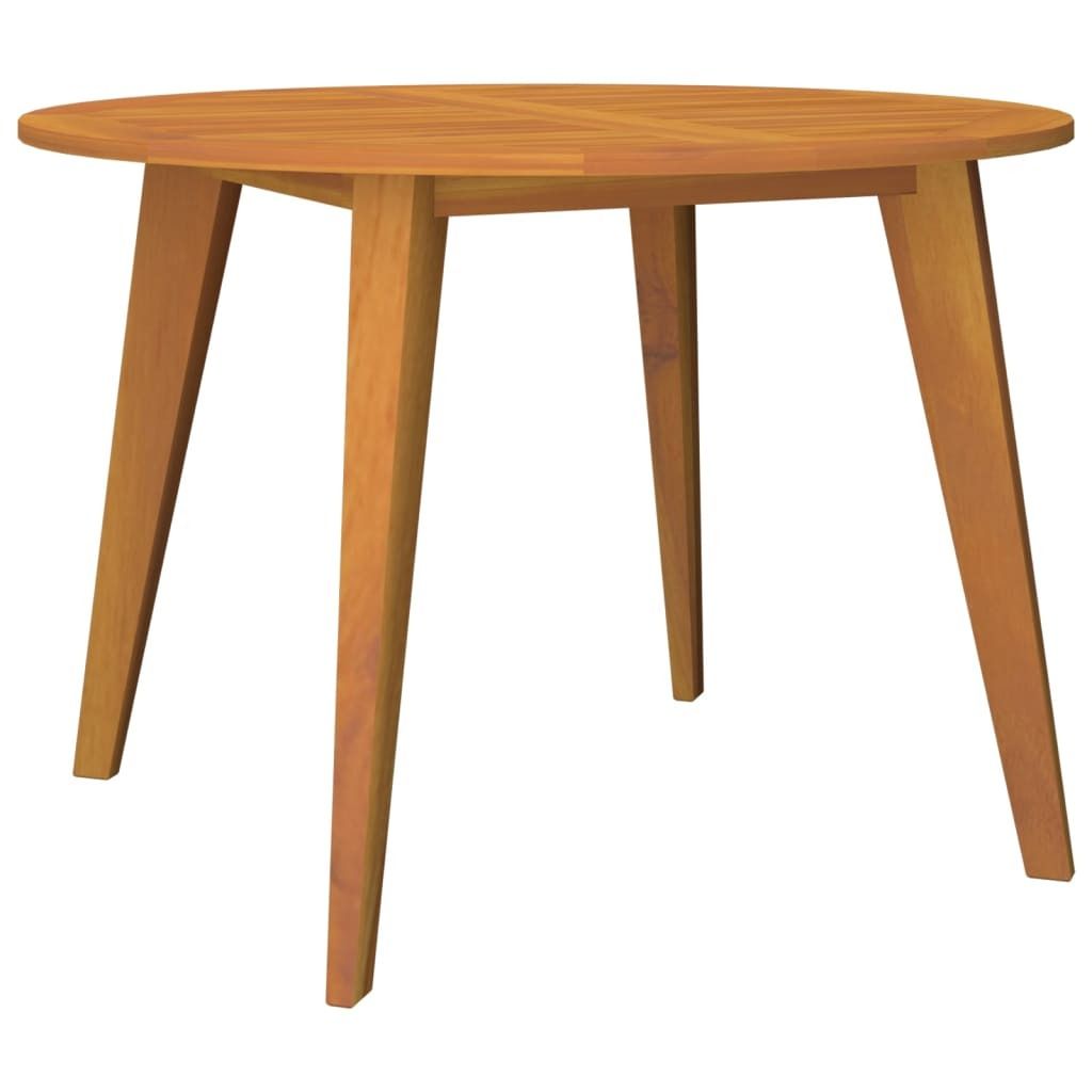 A round wooden table with four legs, shown from a slightly elevated angle against a white background.