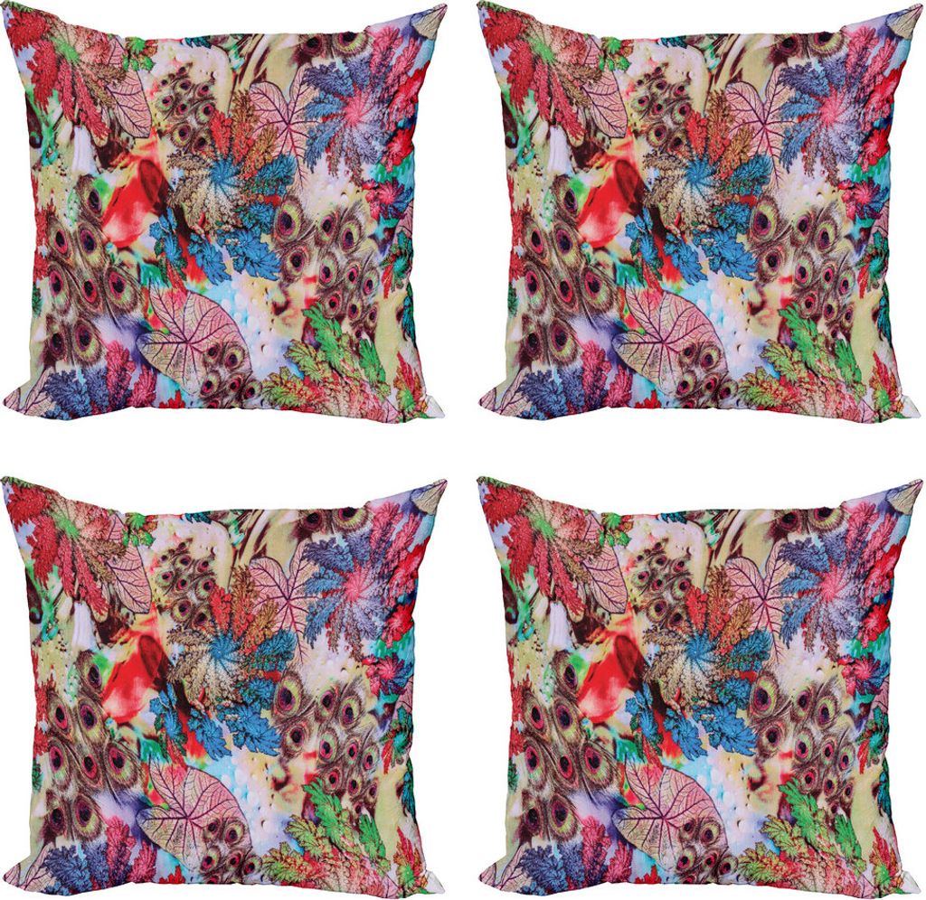 ABAKUHAUS Pfau Kissenbezug Set (4 Stück), Pfau-Feder-Tier, Moderner Doppelseitiger Digitaldruck, 60 cm x 60 cm, Grün, Blau, Rot