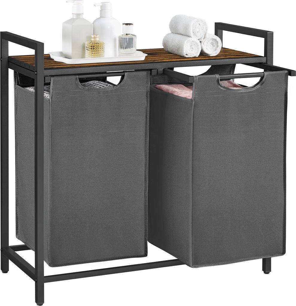 A laundry basket with two compartments and a shelf on top, placed on a white background.