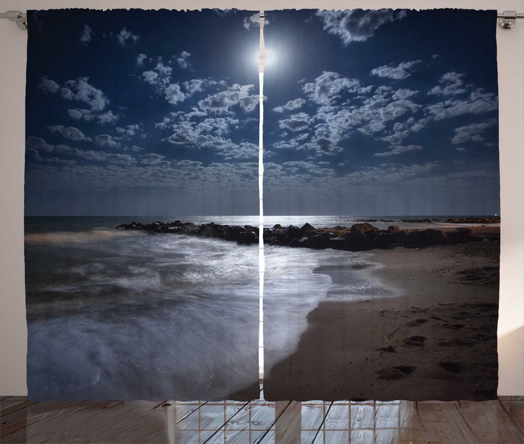 ABAKUHAUS Meer Rustikaler Gardine, Wellen, die auf Idylle Sandy Beach, Wohnzimmer Universalband Gardinen mit Schlaufen und Haken, 280 x 225 cm, Sch...