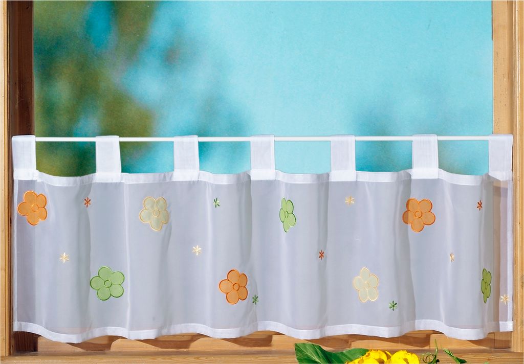 heimtexland Scheibengardine Bestickt Blumen grün orange Schlaufen Fenster Deko Gardine Typ626