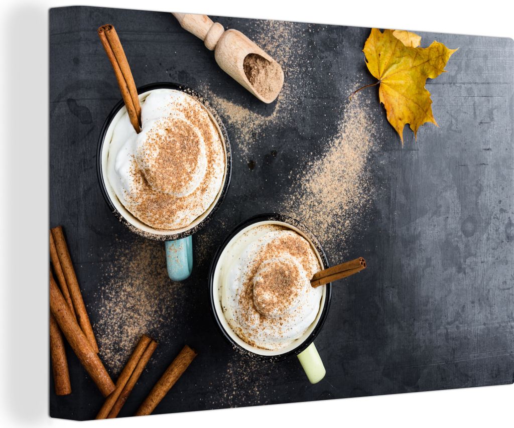 OneMillionCanvasses - Leinwandbilder - 140x90 cm, Ein herbstlicher Kaffee mit Zimt von oben betrachtet, Wandbilder Kunstdruck Wanddekoration - Fo...