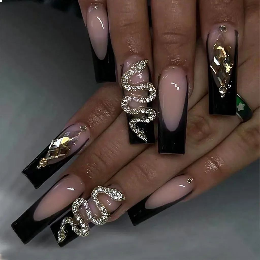 Faux Ongles de Soirée Noirs Longs à Motif Serpent pour Femme - 24 Pcs