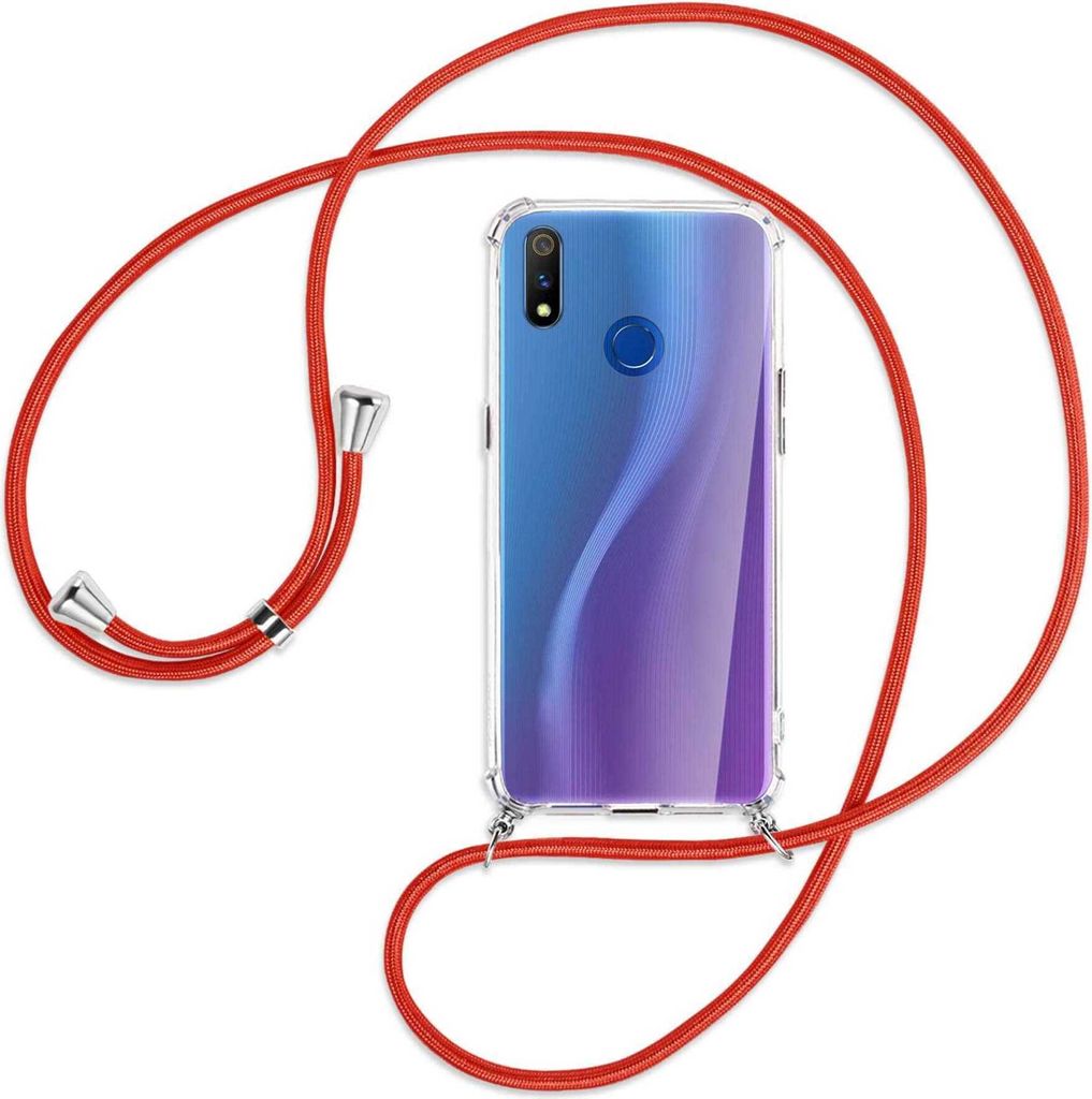 Handykette Backcover-Schutzhülle mit Band (Metall silberfarben) für Realme 3 Pro (X Lite) - rot