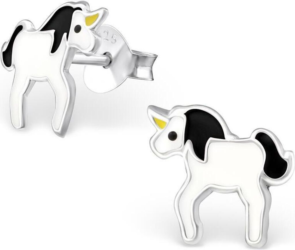 Schwarz-Gelb - Ohrstecker Einhorn Unicorn aus 925 Silber für Kinder