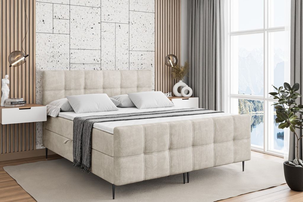 ALTDECOR Boxspringbett mit Schwarz Füßen, Matratze und Lattenrost, Topper, Fußteil, Polsterbett mit Bettkasten, Bett mit Stauraum H3-Matratze, D...