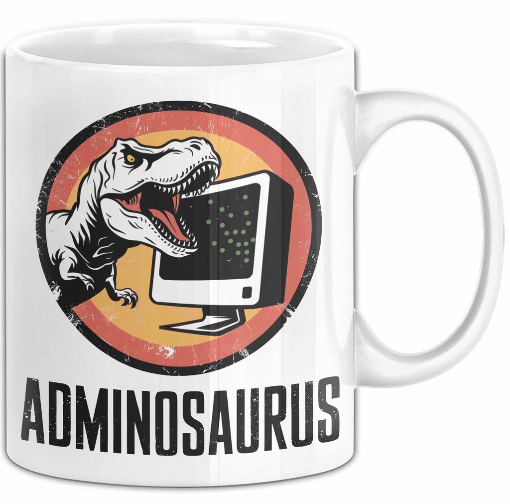 IT Informatiker Nerd Tasse Geschenk Adminosaurus Spruch (Weiß)